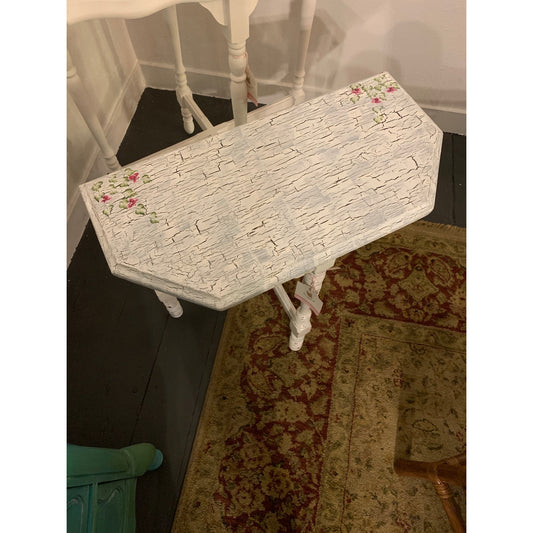 Vintage Upcycled Wood Side Table with Roses Hand Painted by Catherine Swift