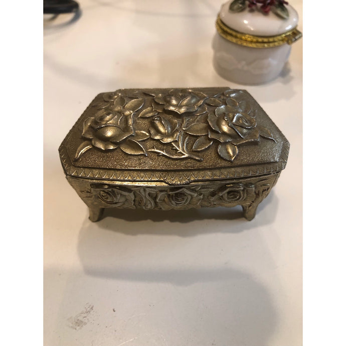 1960s Small Brass Rose Jewelry Holder Trinket Box