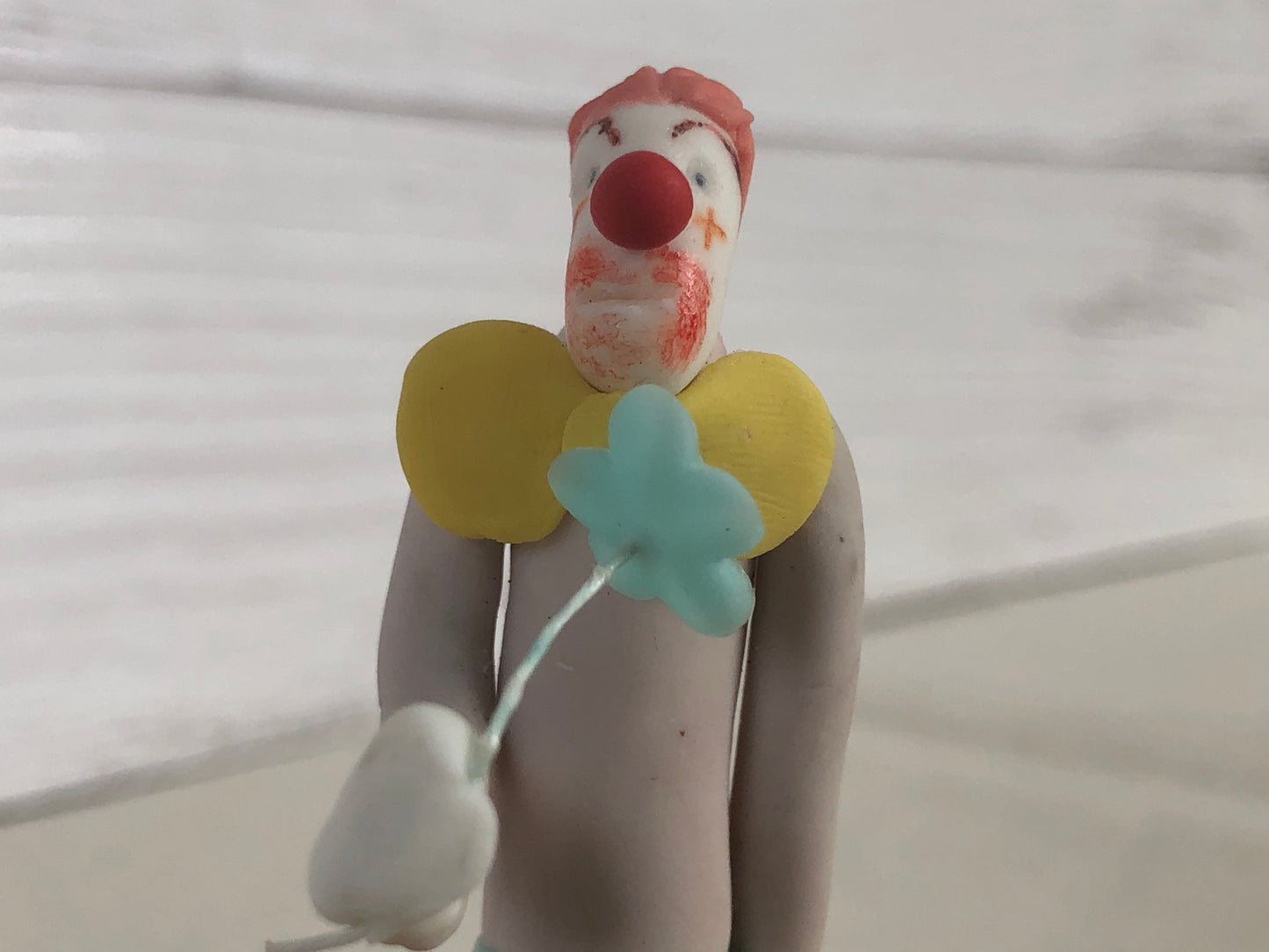 Folk Art Polymer Clay Clown Holding Flower Figurine Signed