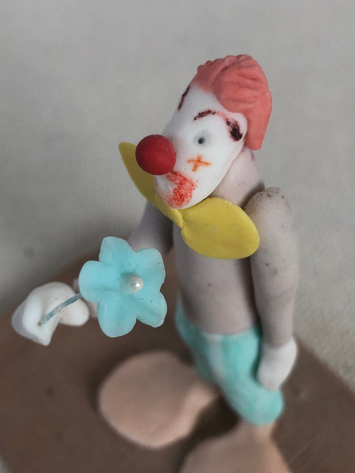 Folk Art Polymer Clay Clown Holding Flower Figurine Signed