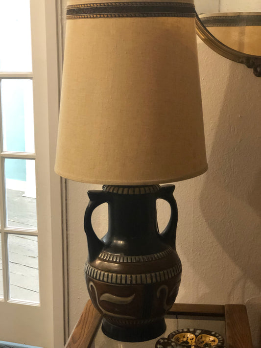 Vintage Dual Handle Pottery Jar Lamps w Cork Trim Shades