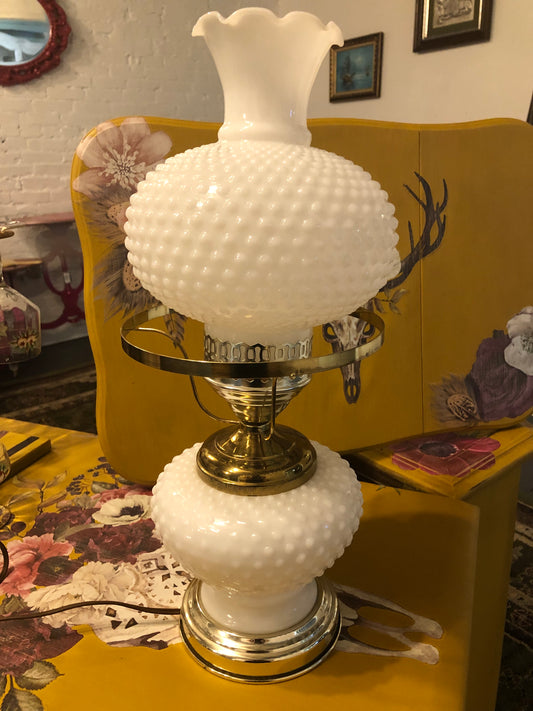Vintage White Hobnail Milk Glass Parlor Lamp With Ruffle Top Shade
