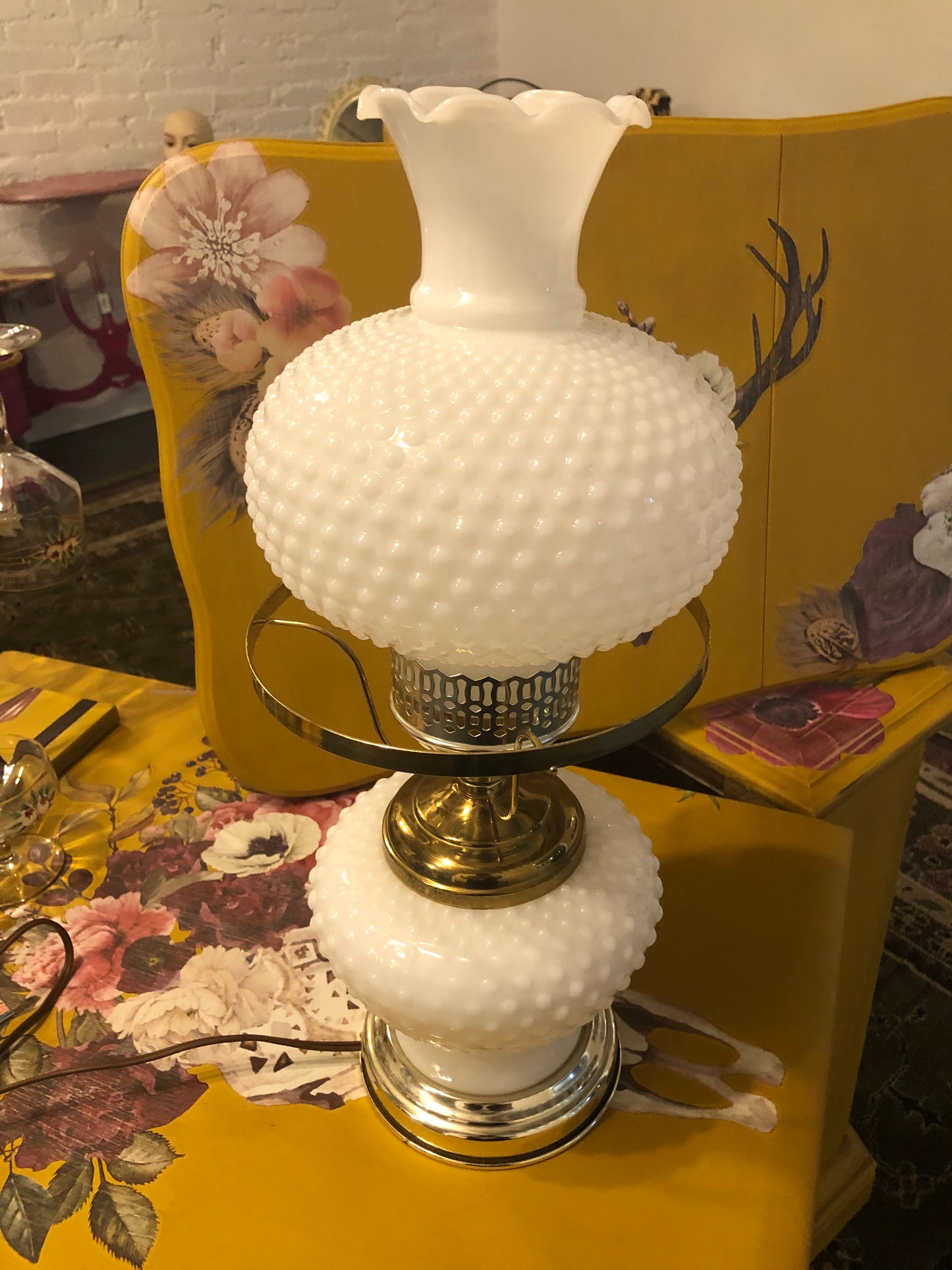 Vintage White Hobnail Milk Glass Parlor Lamp With Ruffle Top Shade