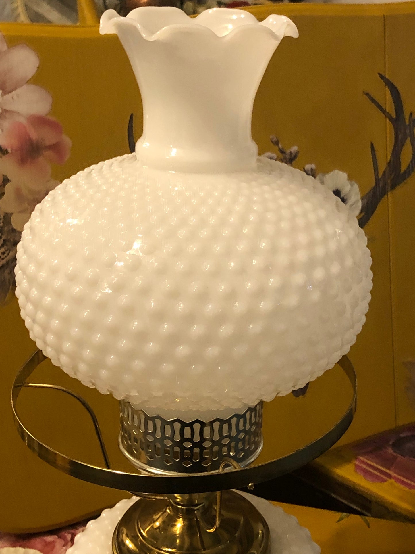 Vintage White Hobnail Milk Glass Parlor Lamp With Ruffle Top Shade