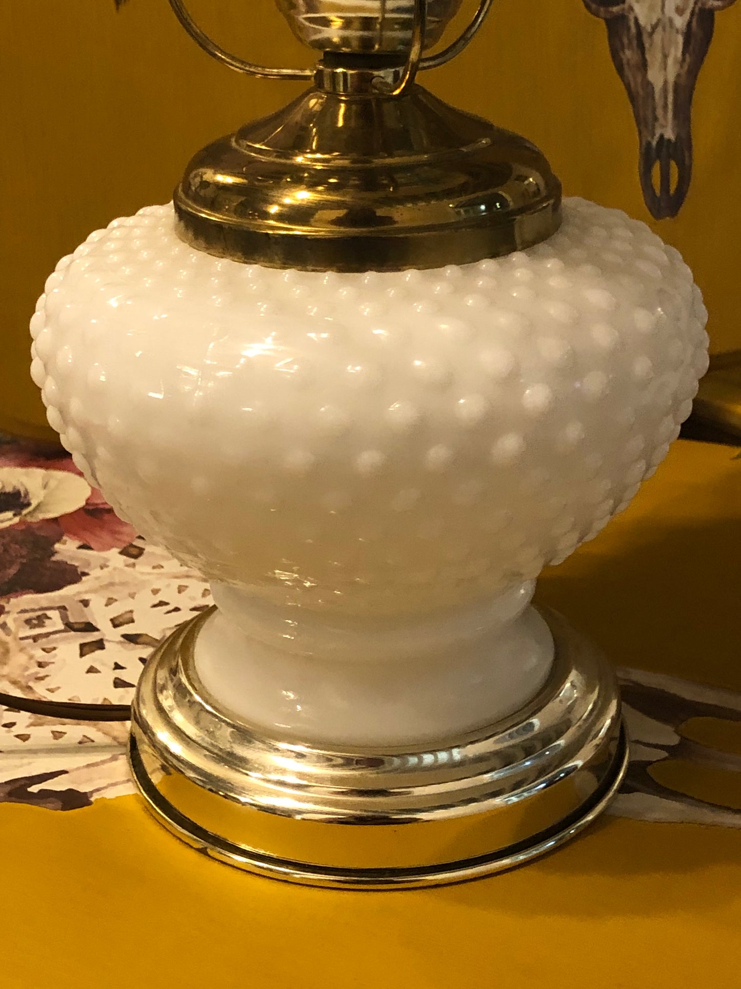Vintage White Hobnail Milk Glass Parlor Lamp With Ruffle Top Shade
