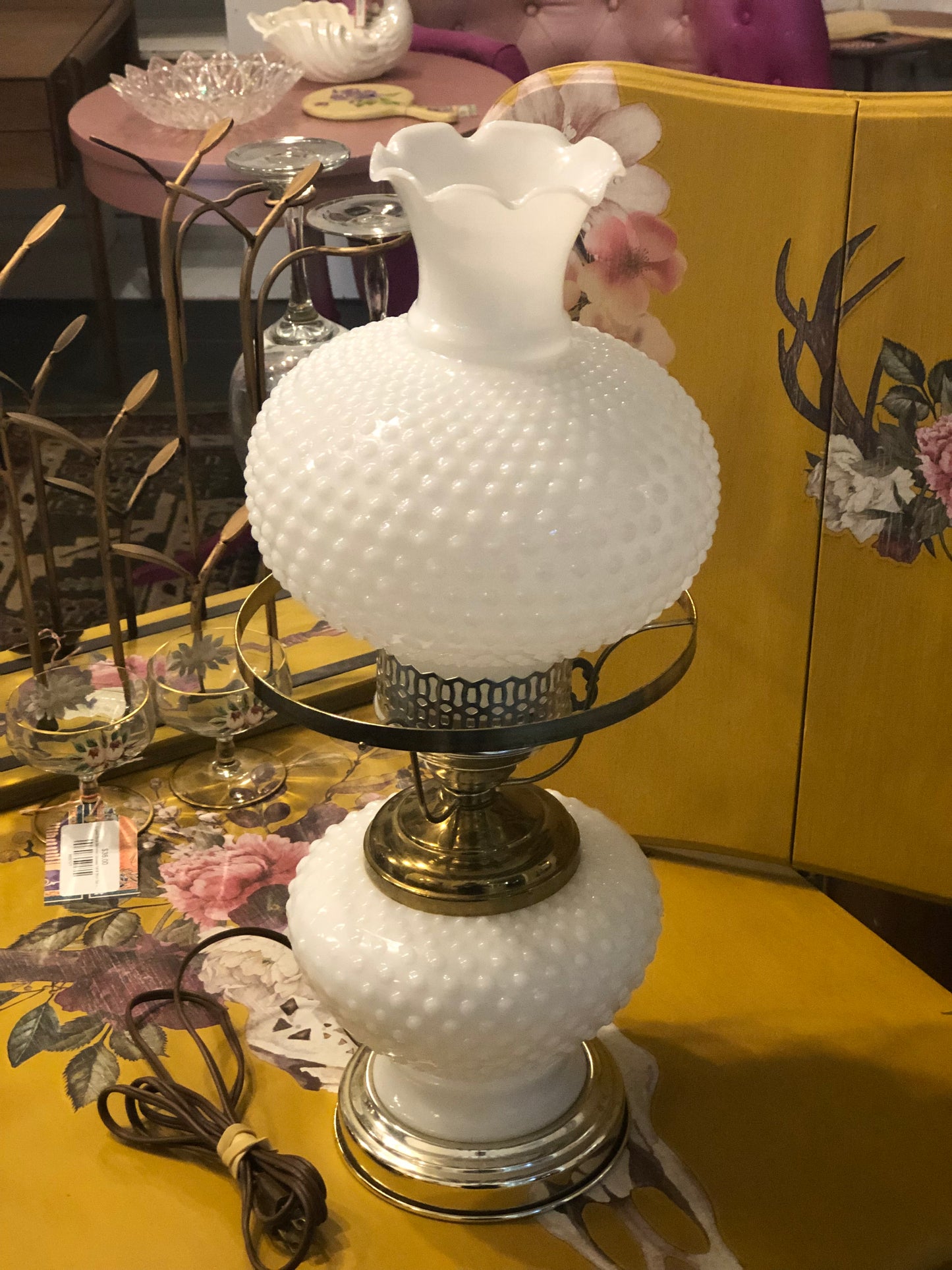 Vintage White Hobnail Milk Glass Parlor Lamp With Ruffle Top Shade