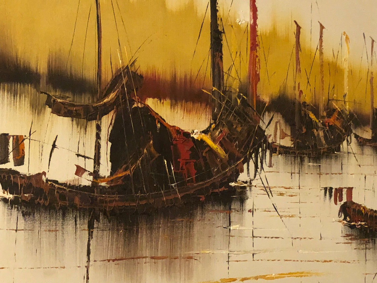 Original Framed and Signed Oil Painting of Asian Trading Ships Junk Boats