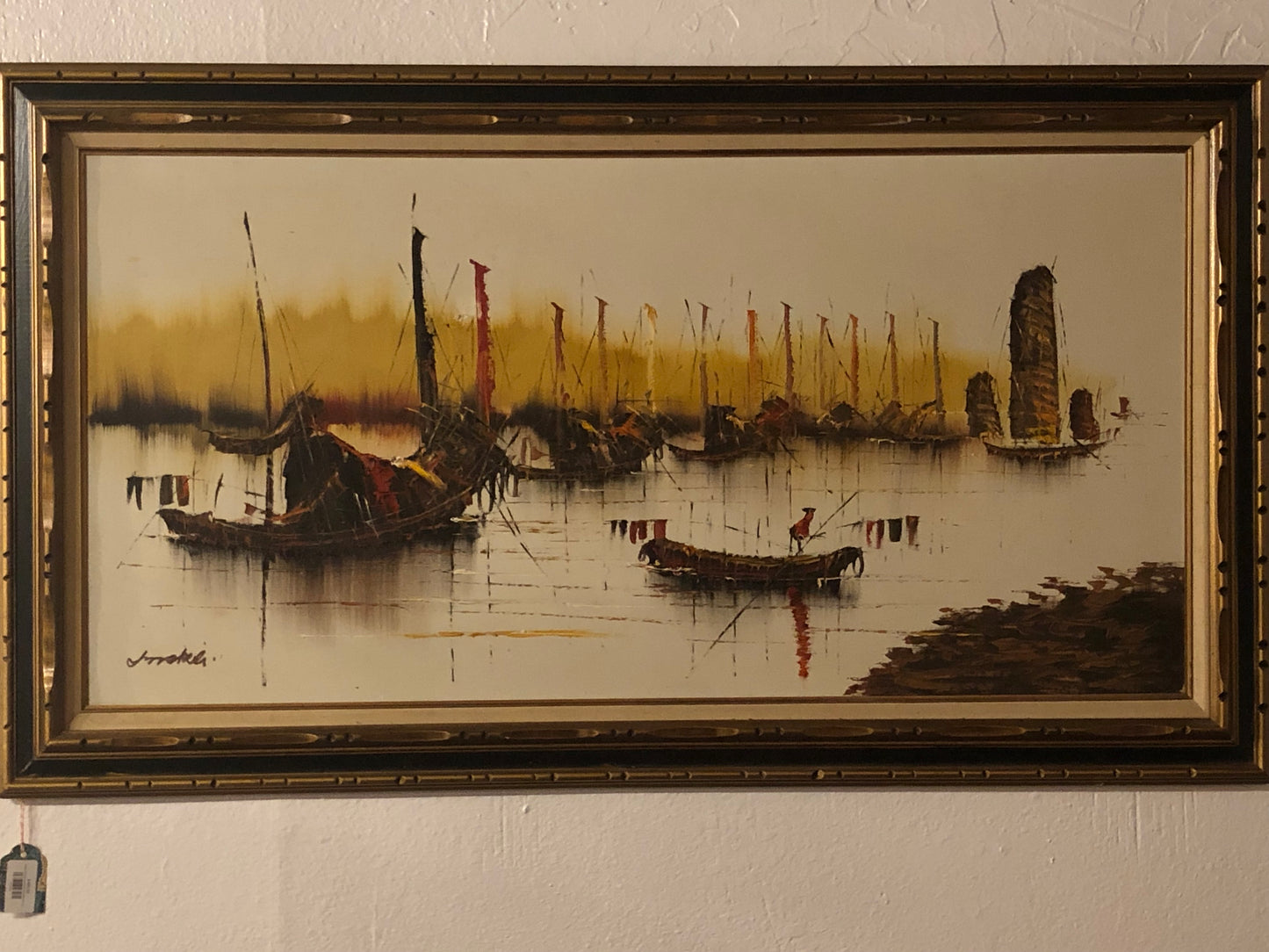Original Framed and Signed Oil Painting of Asian Trading Ships Junk Boats