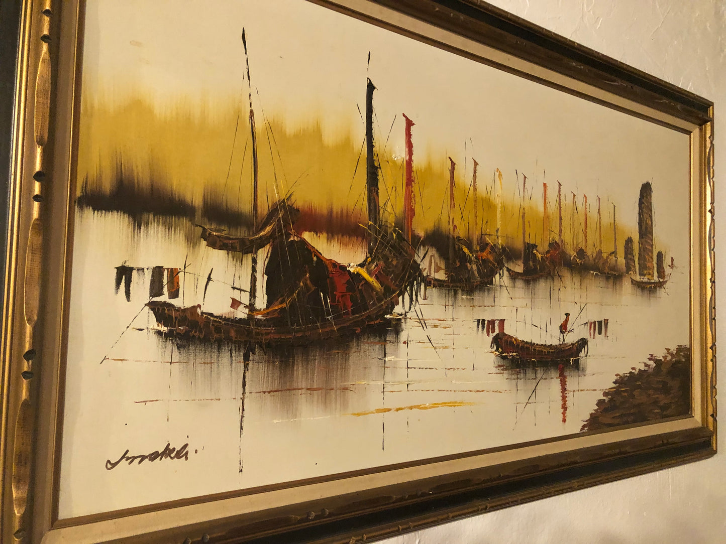 Original Framed and Signed Oil Painting of Asian Trading Ships Junk Boats