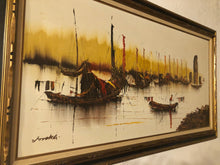 Load image into Gallery viewer, Original Framed and Signed Oil Painting of Asian Trading Ships Junk Boats
