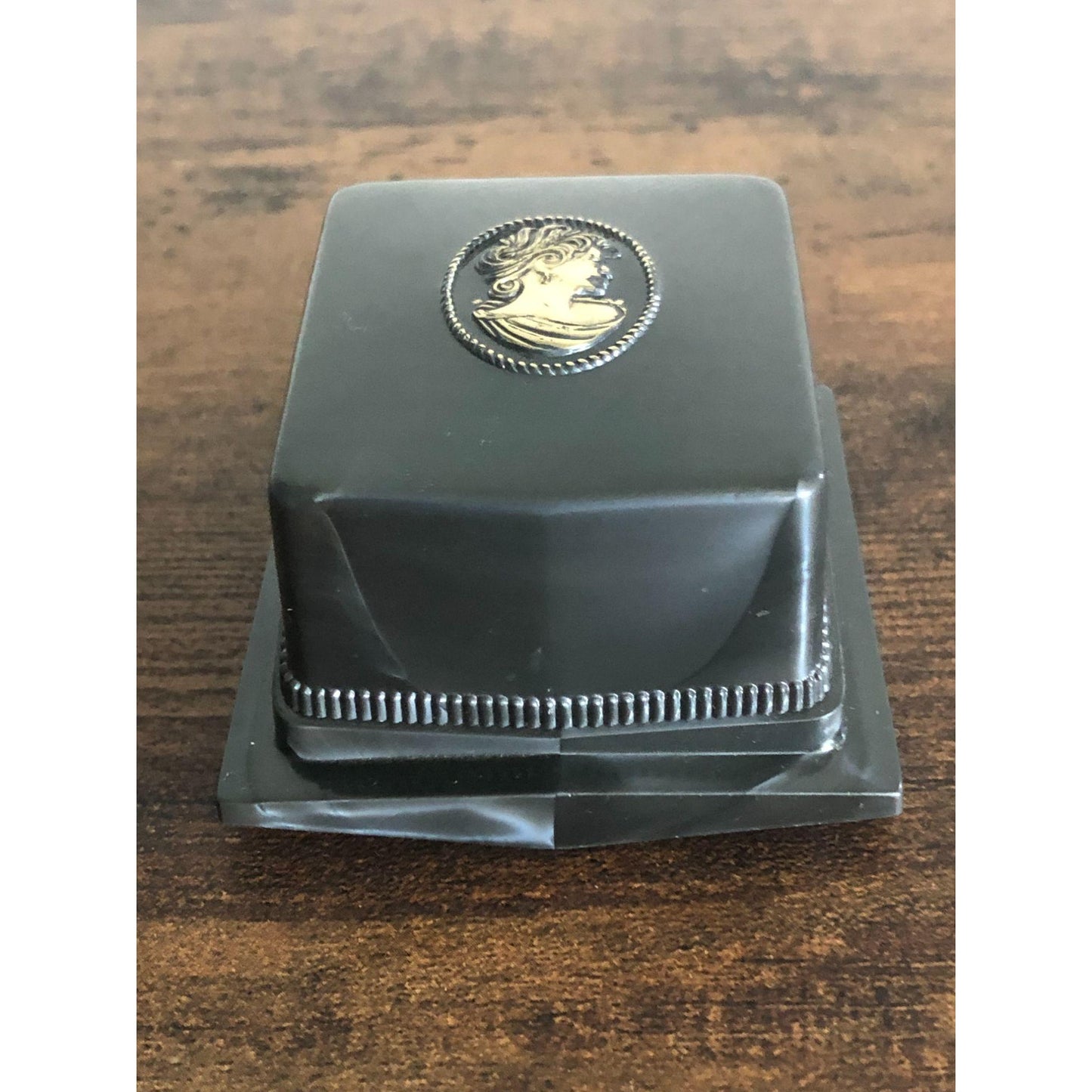 Vintage Signed Rocket Made USA Slate Gray and Gold Lucite and White Velvet Cameo Jewelry Box - empty
