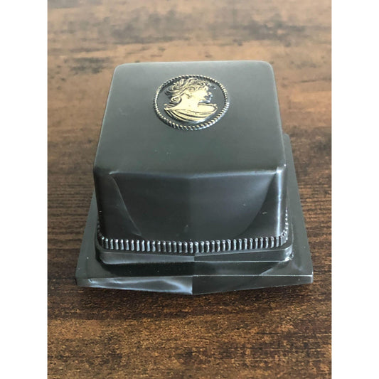 Vintage Signed Rocket Made USA Slate Gray and Gold Lucite and White Velvet Cameo Jewelry Box - empty