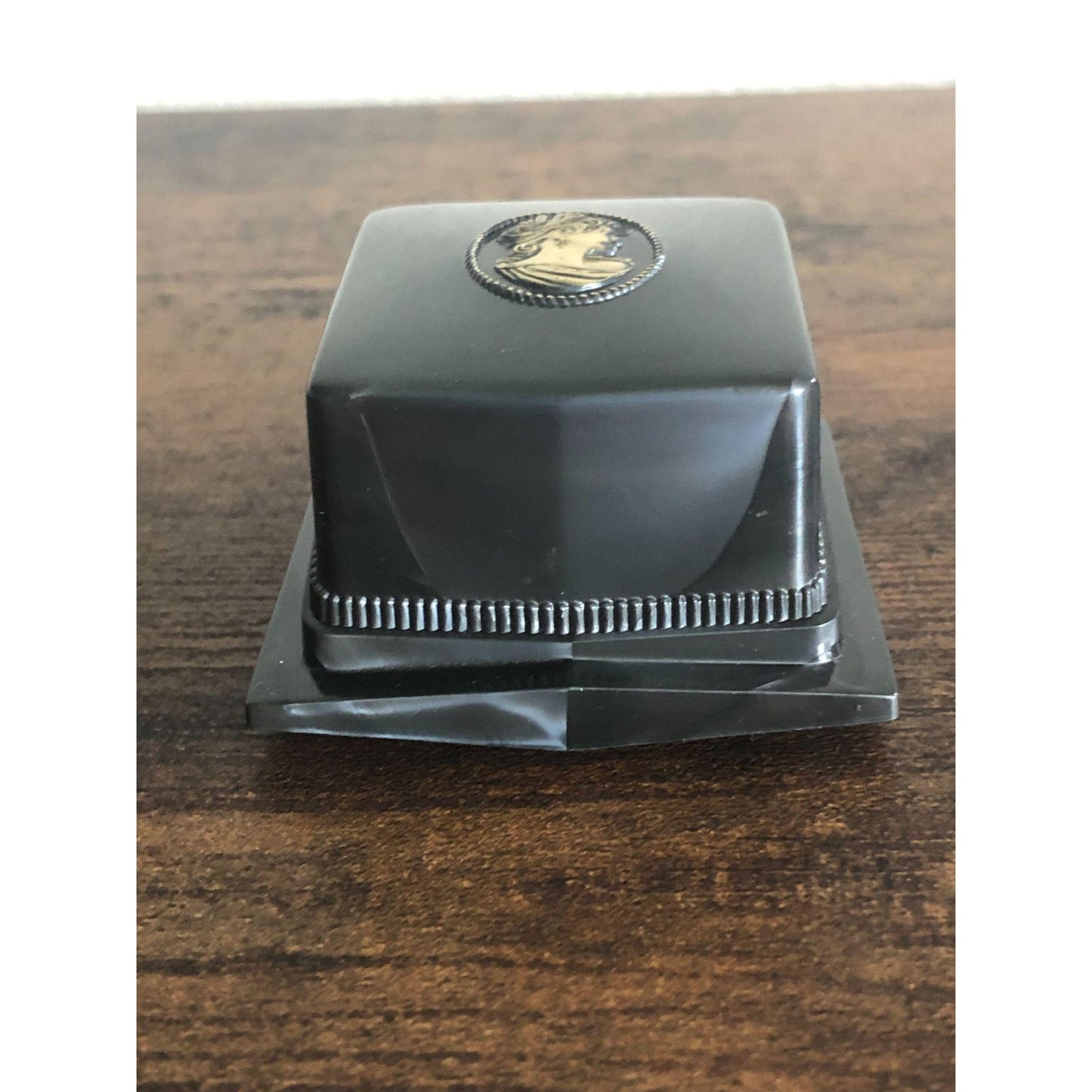 Vintage Signed Rocket Made USA Slate Gray and Gold Lucite and White Velvet Cameo Jewelry Box - empty