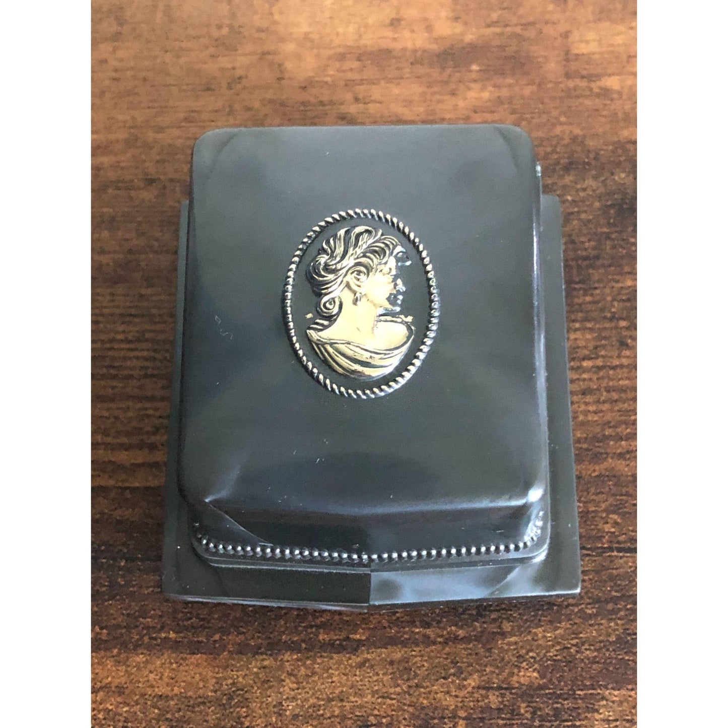 Vintage Signed Rocket Made USA Slate Gray and Gold Lucite and White Velvet Cameo Jewelry Box - empty
