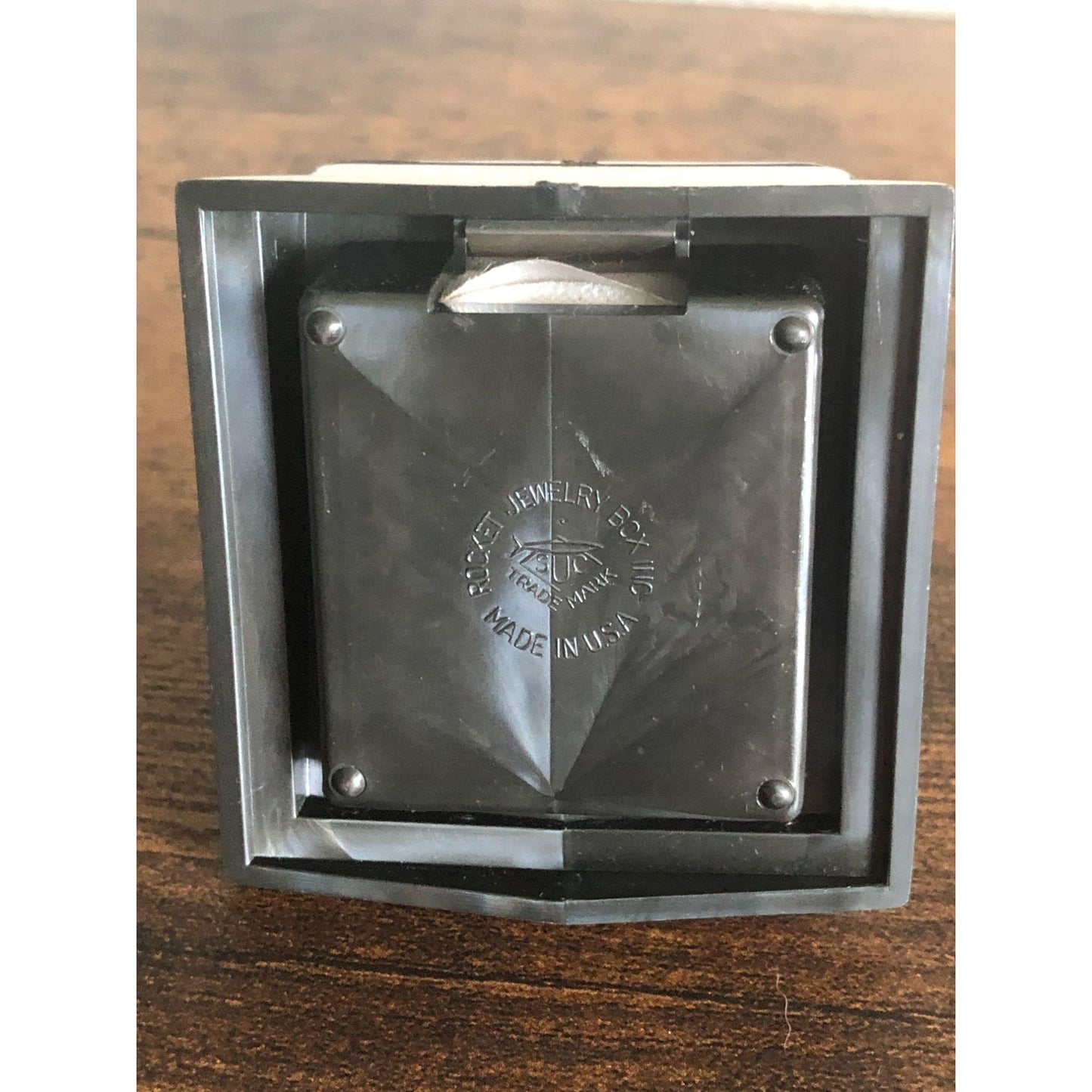 Vintage Signed Rocket Made USA Slate Gray and Gold Lucite and White Velvet Cameo Jewelry Box - empty