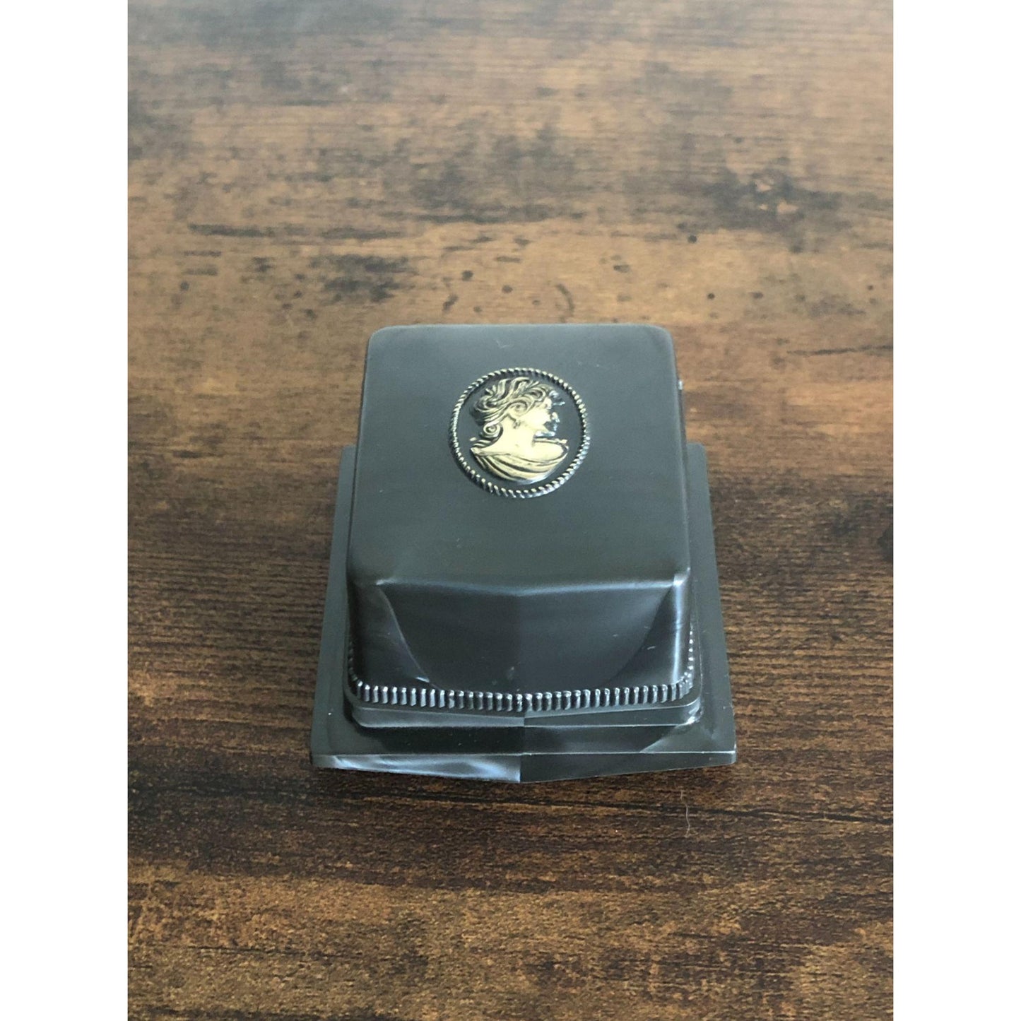 Vintage Signed Rocket Made USA Slate Gray and Gold Lucite and White Velvet Cameo Jewelry Box - empty