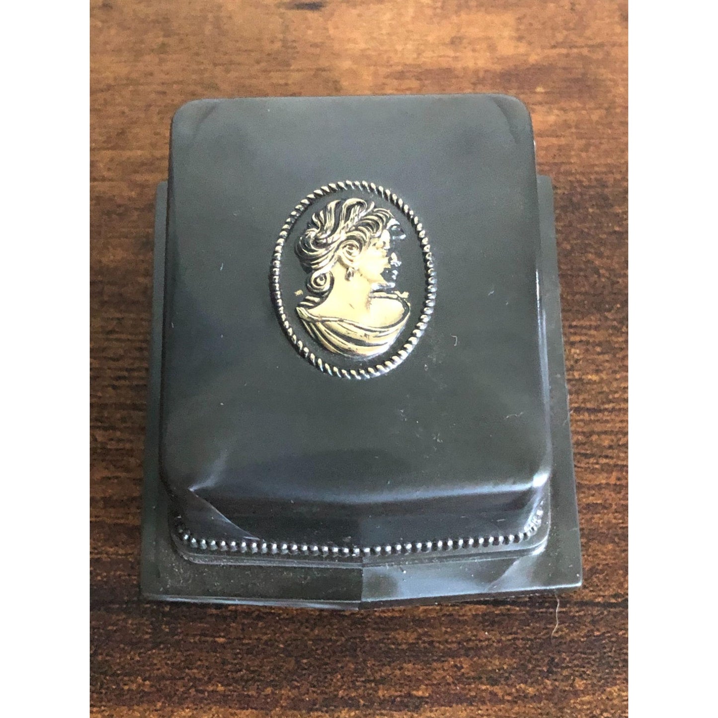 Vintage Signed Rocket Made USA Slate Gray and Gold Lucite and White Velvet Cameo Jewelry Box - empty