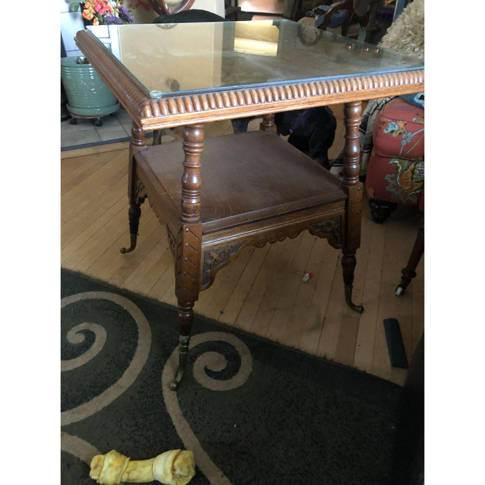 Antique Quarter Sawn Carved Wood Victorian Parlor Table