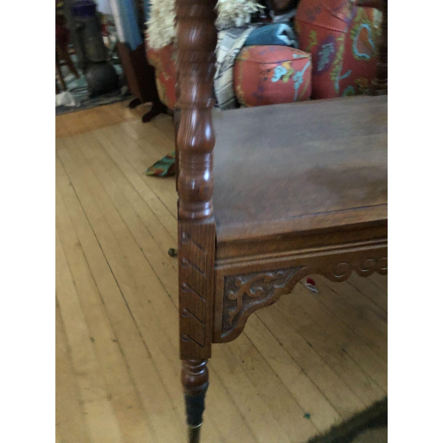 Antique Quarter Sawn Carved Wood Victorian Parlor Table