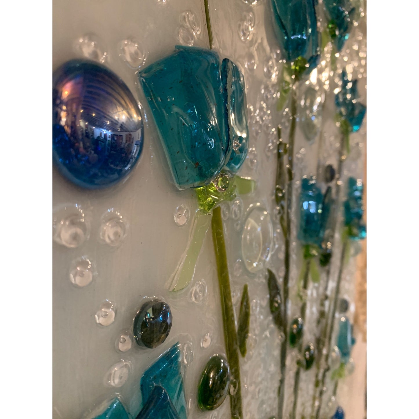 Resin Glass Art Blue Blowers 24” X 16”3/4” By Kimberly Bottemiller