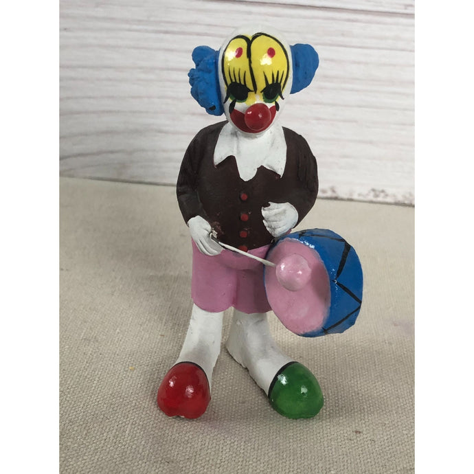 Antique Mexican Folk Art Hand Sculptured Paper Mache Clown Playing Drum