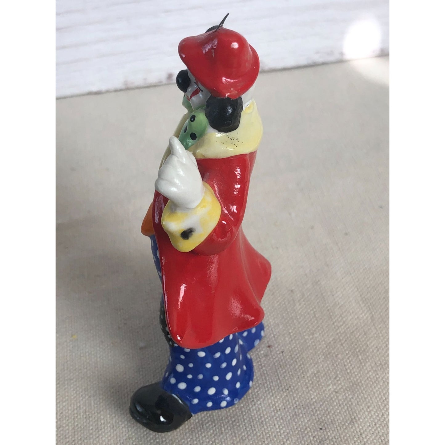 1984 Ceramic Squinting Clown Red Coat Polka Dot Pants Ornament Signed "Paula"