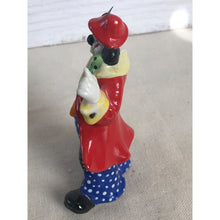 Load image into Gallery viewer, 1984 Ceramic Squinting Clown Red Coat Polka Dot Pants Ornament Signed &quot;Paula&quot;
