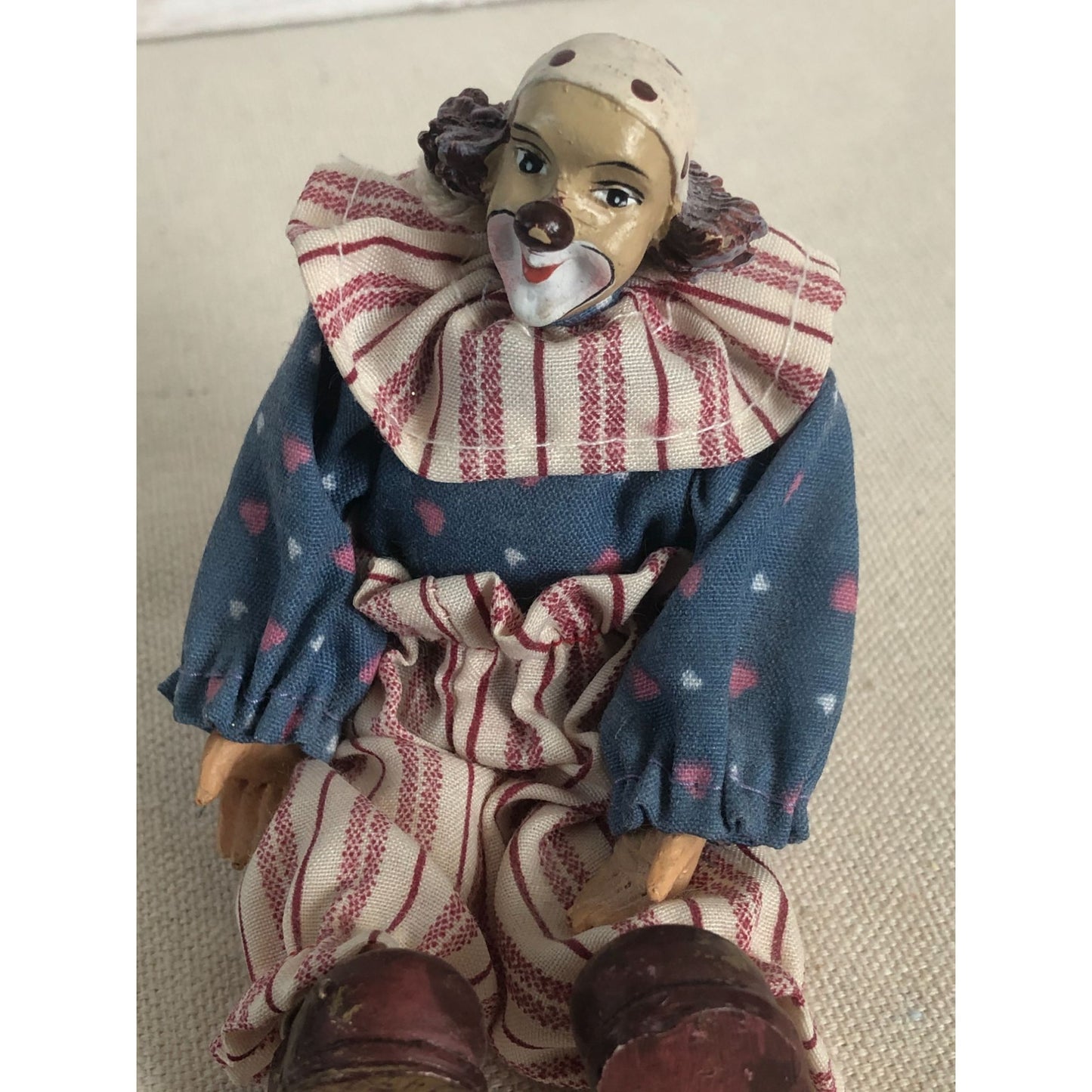 Vintage Hand Painted Clown Figurine Dressed in Hand Made Clothing