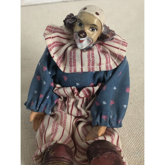 Vintage Hand Painted Clown Figurine Dressed in Hand Made Clothing