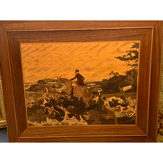 Vintage Wood Inlay Marquetry Wall Art The Hunt Signed