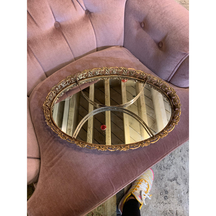 Vintage Oval Filigree Gold Tone Dresser Top Vanity Mirror Tray