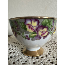 Load image into Gallery viewer, Vintage Purple and Yellow Pansy with Gold Trim Porcelain Teacup Unmarked
