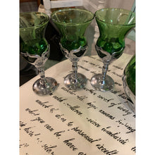 Load image into Gallery viewer, 1940s Farber Bros Green Khrome Kraft Drink Set, Art Deco Decanter and 6 Cordial Glasses
