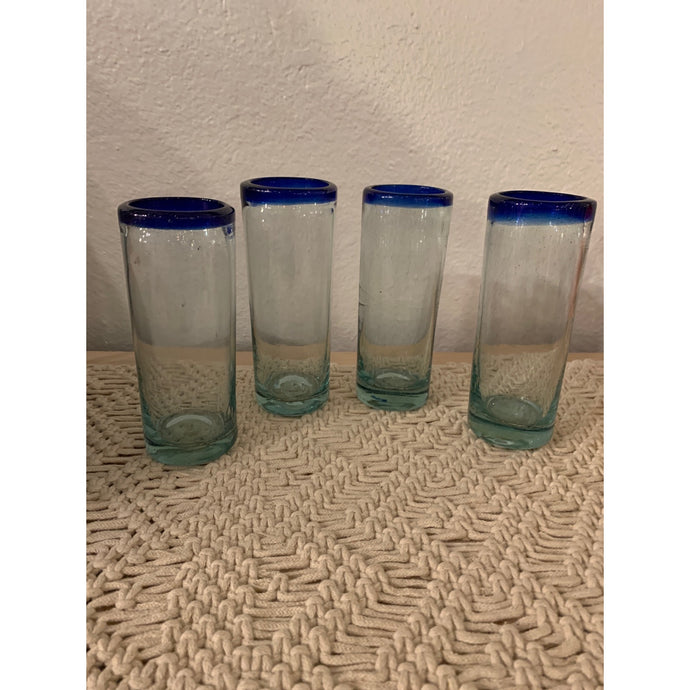 Blue Rimmed Handblown Mexican Highball Glasses (4)
