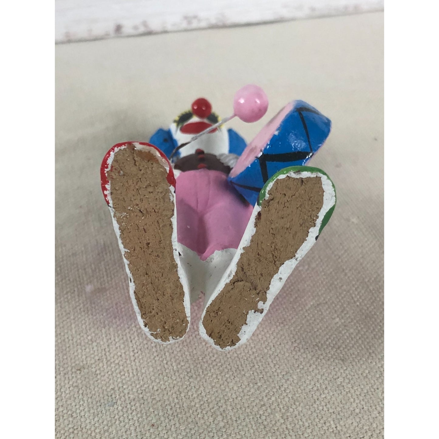 Antique Mexican Folk Art Hand Sculptured Paper Mache Clown Playing Drum