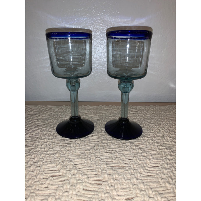 Blue Rimmed Handblown Mexican Cocktail Glasses
