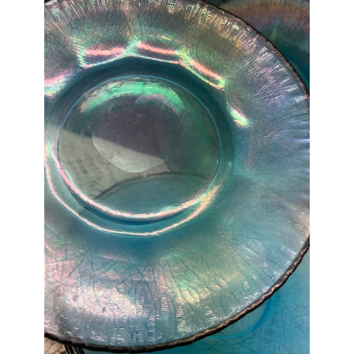 1920s Celeste Blue Stretch Glass Optic Panel Carnival Glass Plate, Mermaid Blue Carnival Glass Plates, Set of 4