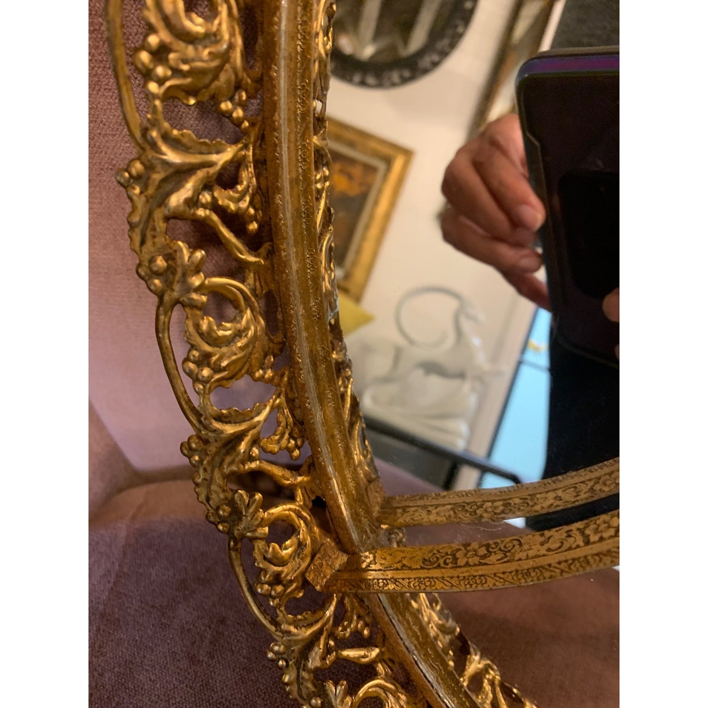 Vintage Oval Filigree Gold Tone Dresser Top Vanity Mirror Tray