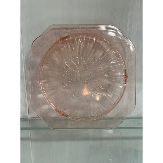 1930s Jeanette Adam Pink Depression Glass Square Footed Serving Plate, Cake Plate