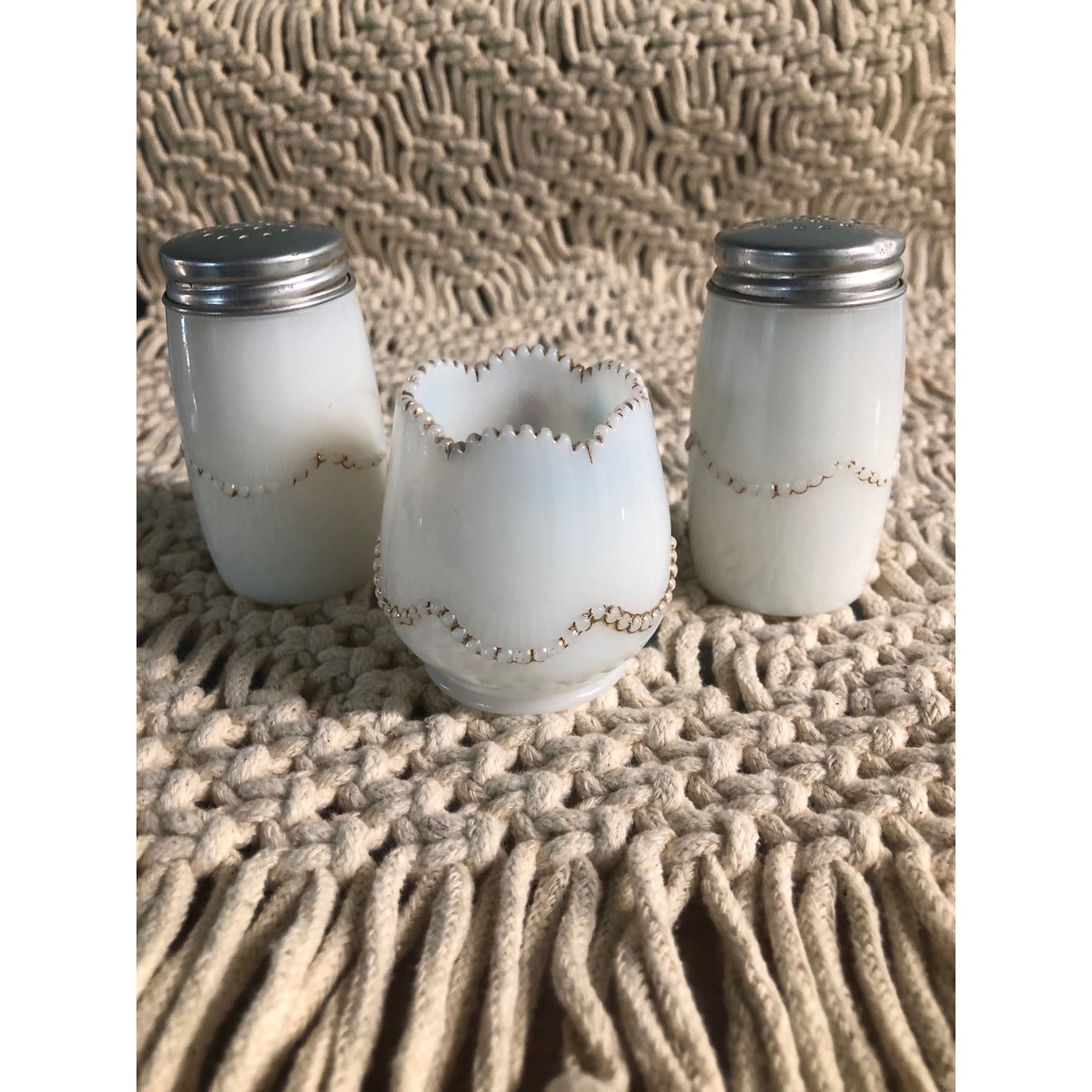 Antique Milk Glass Condiment Set Mustard Salt and Pepper Hand Painted