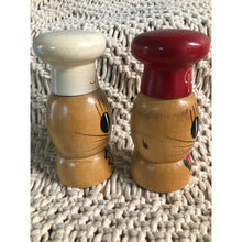 Load image into Gallery viewer, Vintage Wooden Salt &amp; Pepper Shaker Set Cat Chefs &quot;Salty &amp; Peppy&quot; Japan 1950s
