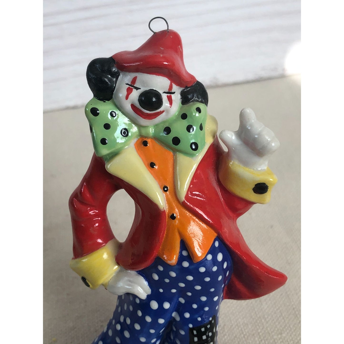 1984 Ceramic Squinting Clown Red Coat Polka Dot Pants Ornament Signed "Paula"