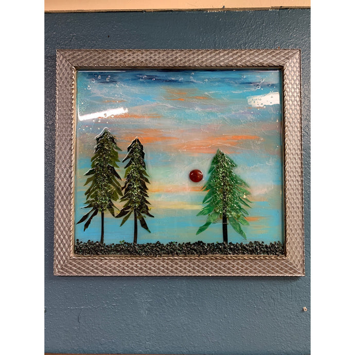 Red Sunset Forest Resin and Glass Art by Kimberly Bottemiller 23” 1/4 X 21” 5/8”