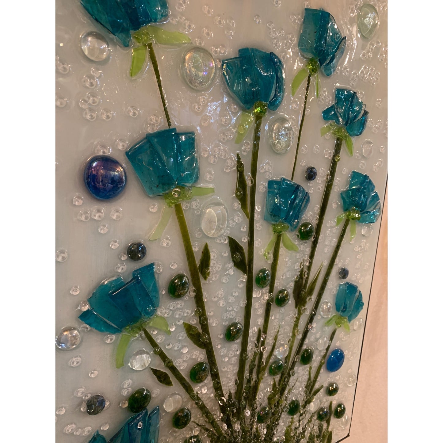 Resin Glass Art Blue Blowers 24” X 16”3/4” By Kimberly Bottemiller