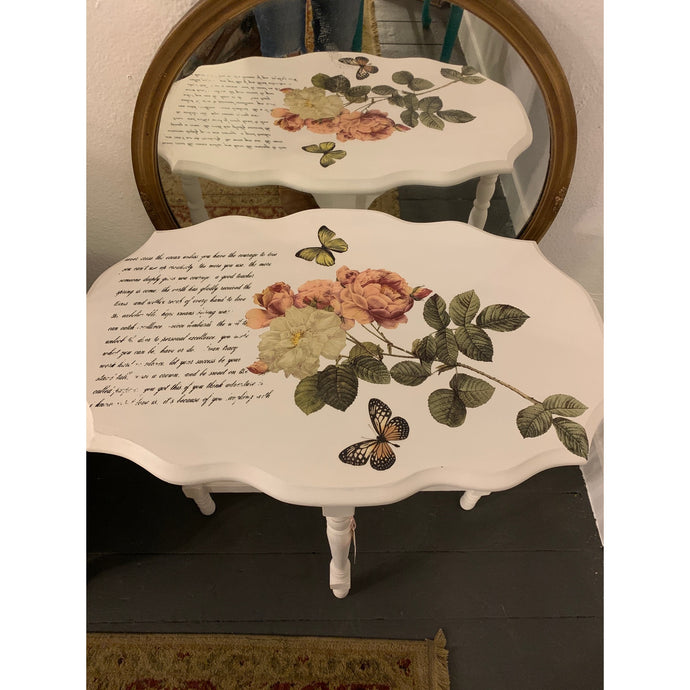 Vintage Upcycled Wood Side Table with Large Flower Transfer Hand Painted by Catherine Swift