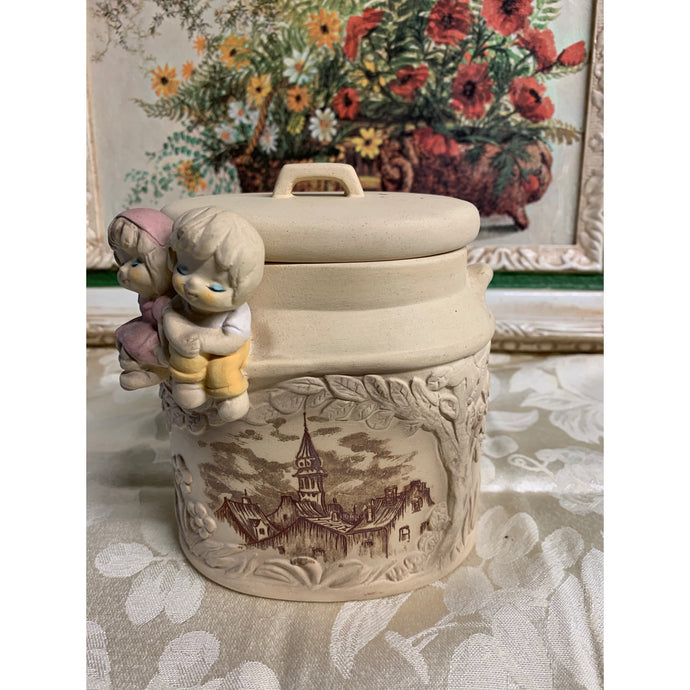 Vintage Ceramic Stoneware Jar Village Girl and Boy Made in Japan