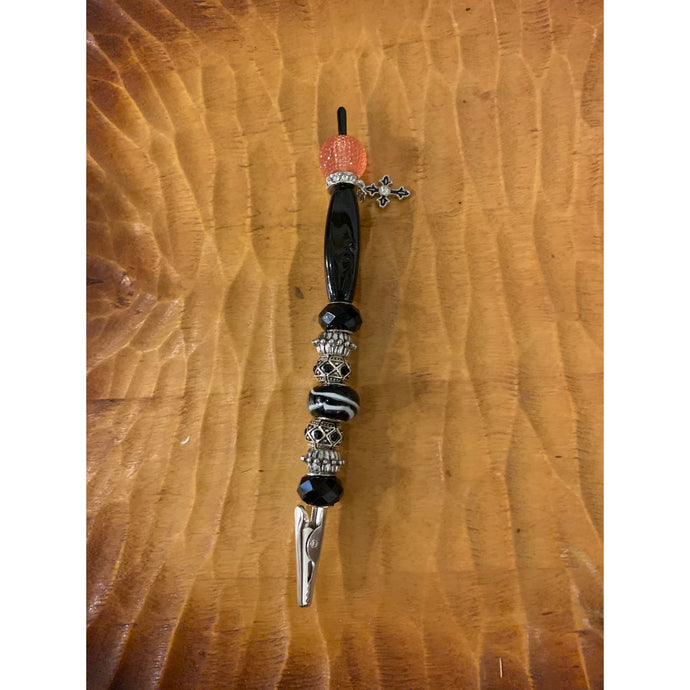 Black White and Pink Roach Clip with Cross Charm Beaded Alligator Clip, Credit Card Clip