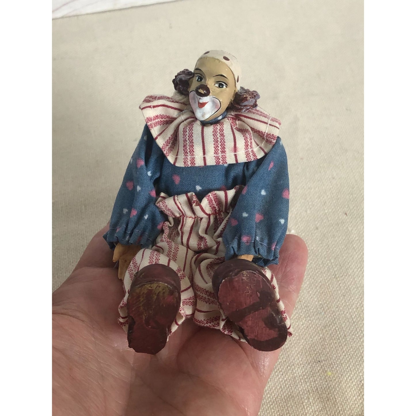 Vintage Hand Painted Clown Figurine Dressed in Hand Made Clothing