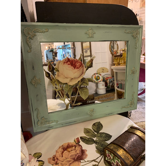 Vintage Green Framed Mirror with Decor Flower Transfer Hand Painted by Catherine Swift