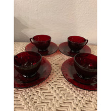 Load image into Gallery viewer, 1940s Anchor Hocking Royal Ruby Glass Footed Teacups with Saucers Set of 4
